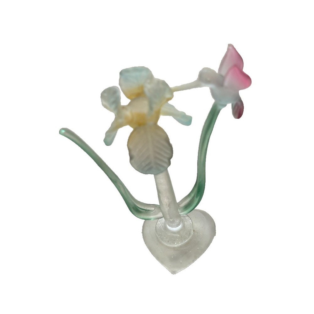 Avon Vintage Frosted Satin Glass Hummingbird & Iris Figurine Heart Base Pastel